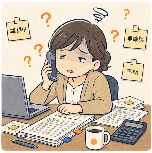 確認中・要確認・不明の付箋に囲まれ、結局本人に電話で確認