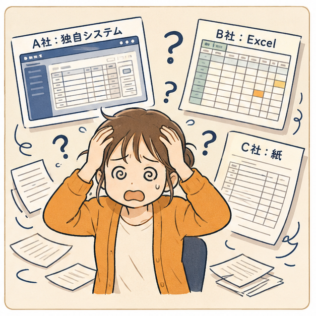 A社は独自システム、B社はExcel、C社は紙。提出形式がバラバラで頭を抱える