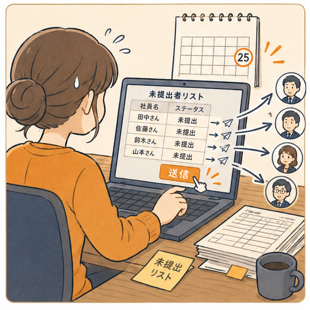 未提出者リストを見ながら、社員へリマインドを送信する