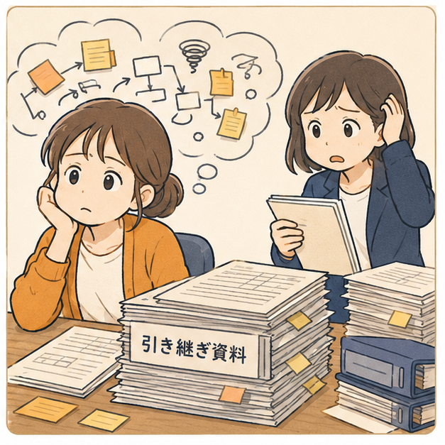 引き継ぎ資料の山を前に、後任が困惑。手順は担当者の頭の中